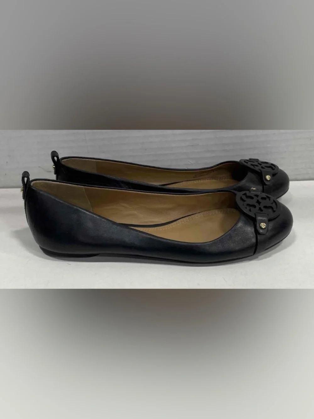 Tory Burch Black Leather Logo Ballet Flats